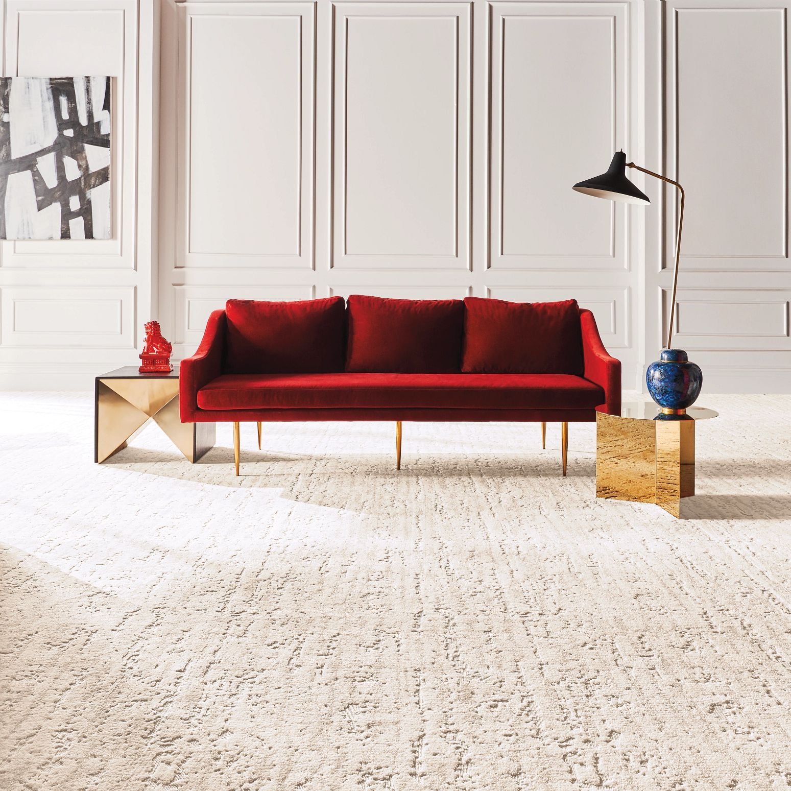 red sofa on beige carpet from Traditional Floors in Milan, IL